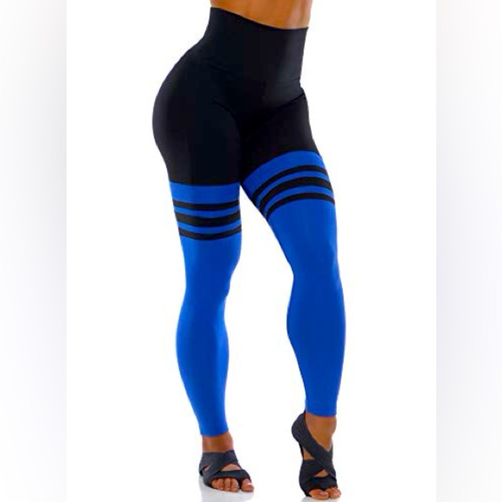 RARE Bombshell Sportswear Leggings – Black w/ Blue Thigh-High Detail, Size Small